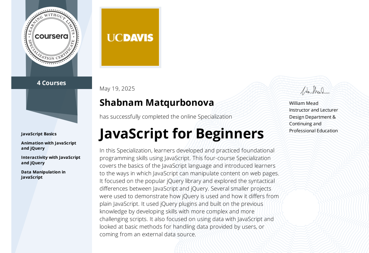 Coursera JavaScript for Beginners sertifikati